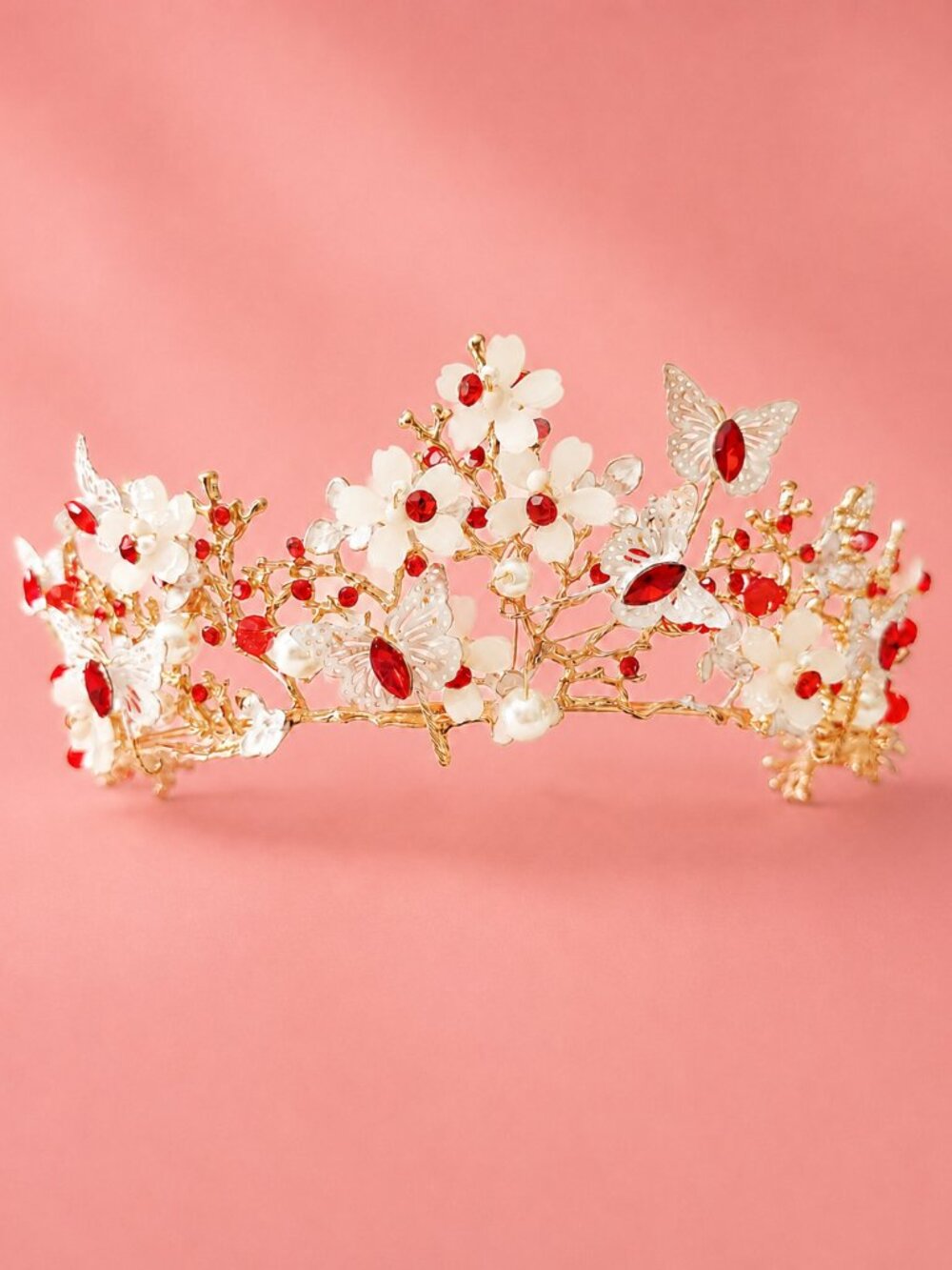 Red Crystal Butterfly Crown, Gold Floral Tiara, Wedding Bridal Headpiece
